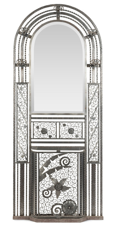 EDGAR BRANDT (attributed), French Art Deco hall stand with dome top, wrought iron and glass, circa 1925, 205cm high, 86cm wide, 13cm deep