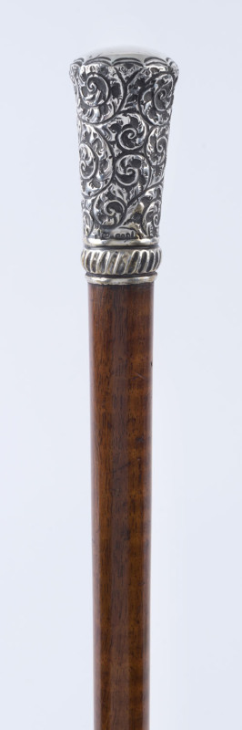 An Australian blackwood walking stick with English sterling silver handle, 19th century, ​91cm high