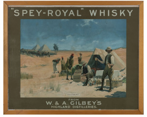 SPEY-ROYAL WHISKY FRAMED ADVERT, depicting soldiers in desert with pyramids, scene titled "A HALT FOR PURE MALT.", W. & A. GILBEY'S/ HIGHLAND DISTILLERIES. framed & glazed, overall 60.5 x 75cm.