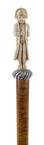 An Australian fiddleback blackwood walking stick with silver collar and carved whalebone Napoleon handle, 19th century, 99c, high