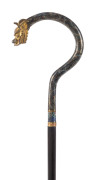 A Chinese walking stick, rosewood shaft with fine cloisonne and gilt bronze dragon handle, 19th century, 92cm high