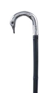 A fine walking cane, ebonized bamboo shaft with sterling silver duck head handle with glass eyes, 19th century, 82cm high