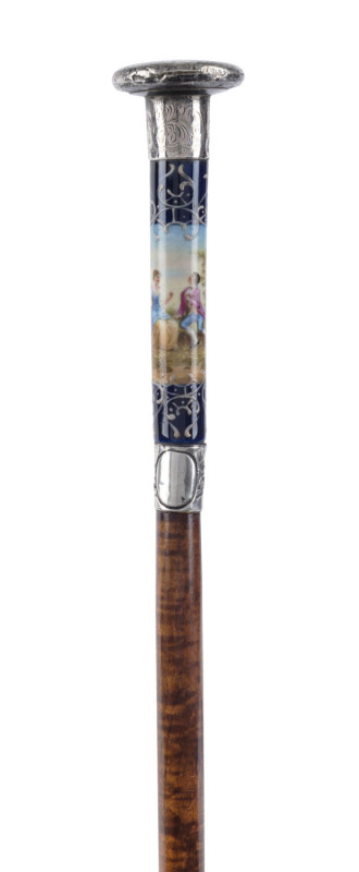 A fine French walking stick with fiddleback shaft silver cap and collar and Sevres porcelain handle, 19th century, ​90cm high