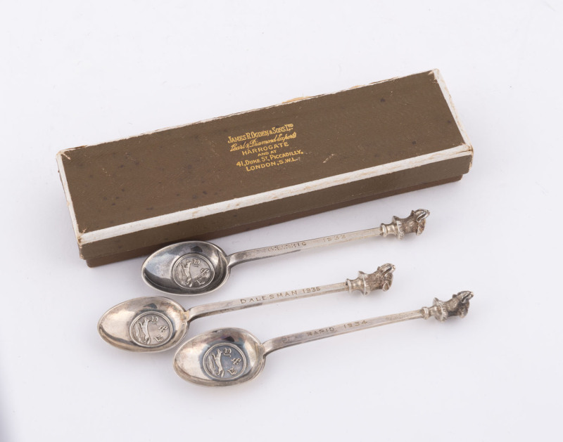 Set of three English sterling silver hound spoons by Thomas Bradbury & Sons of Sheffield, each mark for successive years, 1933, 1934, 1935, and each individually engraved "GRAPHIC", "RAPID", and "Dalesman" which appear to have all been British newspapers