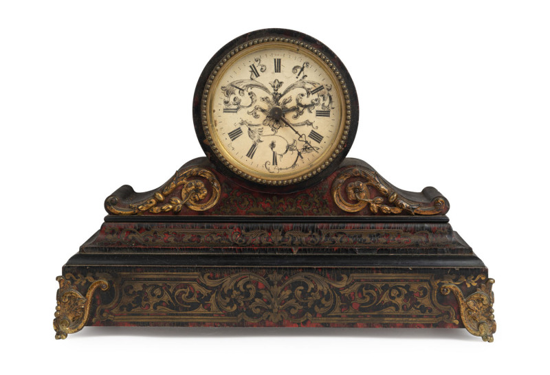 A French mantel clock with boule front, ormolu mounts and lithograph dial, time piece only, 19th century, ​24cm high
