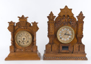 Two American shelf clocks in oak cases, one marked Ansonia, early 20th century, 38cm and 46cm high