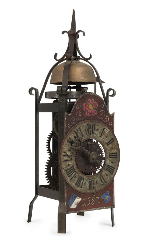 A reproduction skeleton clock with hand-painted dial marked "1587", ​43cm high
