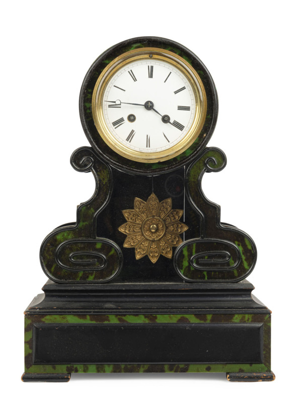 A French mantel clock, time and strike movement in green boule case with sunburst pendulum, 19th century, movement and dial marked "BOLVILLER, PARIS", ​37cm high