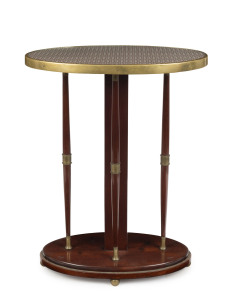 An Austrian Art Deco oval occasional table, walnut with brass fittings and ball feet, in the manner of ADOLF LOOS, circa 1920, ​76cm high, 59cm wide, 34cm deep