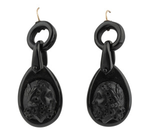 A pair of Whitby jet earrings, English, circa 1860, 4cm high