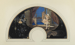 GEORGE W. NEVILLE (1889-1955), fan design romantic scene, watercolour on silk, 28 x 52cm PROVENANCE: Joseph Brown Gallery