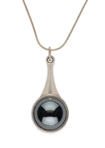 GEORG JENSEN Danish sterling silver tear drop pendant set with hematite on snake link chain, late 20th century, the pendant 4.5cm high