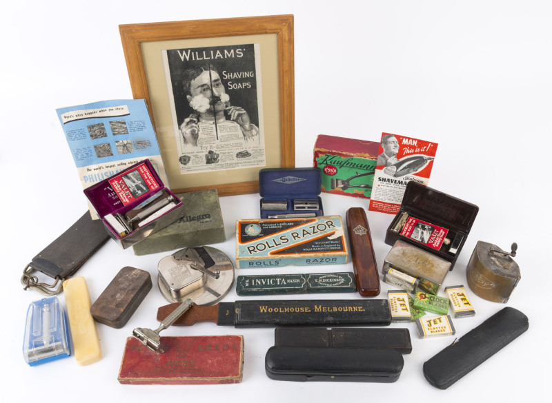 SHAVING COLLECTABLES: vintage array mostly with original boxes/containers incl. "Burman" clipper, "Valet" auto-strop safety razor (2, one with bakelite box), Rolls Razor "Viscount" straight razor, "Puma" straight razor (with wooden box), "Invicta" razor