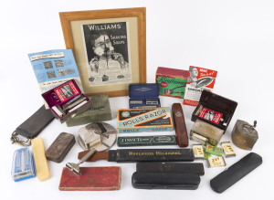 SHAVING COLLECTABLES: vintage array mostly with original boxes/containers incl. "Burman" clipper, "Valet" auto-strop safety razor (2, one with bakelite box), Rolls Razor "Viscount" straight razor, "Puma" straight razor (with wooden box), "Invicta" razor 