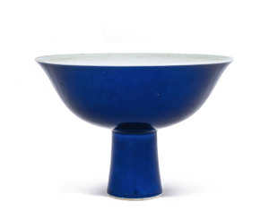 A Chinese blue glazed stem bowl, Yongzheng mark and period (1723-1735), 10.5cm high, 15cm diameter
