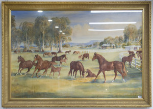 TREVOR H. CLARE (Australia, working 1950s), horses stud farm scene, watercolour, signed lower left "T.H. Clare", ​100 x 150cm