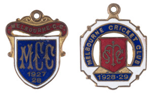MELBOURNE CRICKET CLUB, membership badges for 1927-28, (No.2903) and for 1928-29, (No.2235), both made by Bentley. (2 items).