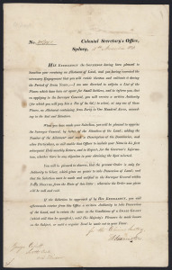 GEORGE CUPITT: WHEN IS A CONVICT NOT A CONVICT? WHEN HE'S A TROOPER. A printed letter from the Colonial Secretary's Office, 11th November, 1830 to GEORGE CUPITT of South Creek, via Windsor (New South Wales) in which he is invited to make a selection of la