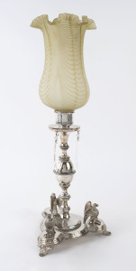 An English silver plated hurricane candle lamp with satin glass shade, ​56cm high