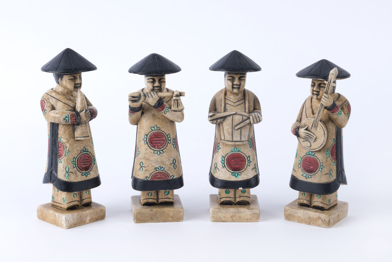 A Chinese carved hardstone four piece band with hand colouring, 19th/20th century
