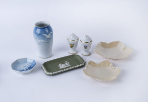 BING & GRONDAHL "Seagull" vase and dish, pair of ROYAL COPENHAGEN porcelain salt and pepper shakers, WEDGWOOD jasper ware dish and two BELLEEK green stamp leaf dishes, 20th century, (7 items), the vase 13.5cm high