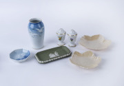 BING & GRONDAHL "Seagull" vase and dish, pair of ROYAL COPENHAGEN porcelain salt and pepper shakers, WEDGWOOD jasper ware dish and two BELLEEK green stamp leaf dishes, 20th century, (7 items), the vase 13.5cm high