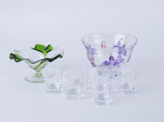 KOSTA BODA "Fuchsia" Swedish art glass bowl, STUART & SONS English art glass bowl, and set of six ORREFORS shot glasses, 20th century, (8 items), the Kosta Boda bowl 9cm high