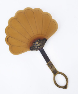 An antique French face shield, celluloid and brass, late 19th century, 19cm high
