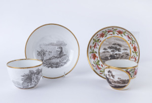 COALPORT early porcelain teacup and saucer, circa 1805; together with a SPODE "Bat Printed" teacup and saucer, circa 1810, (4 items), the saucers 13.5cm and 14cm diameter PROVENANCE: The Timothy Menzel Collection