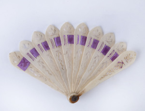 A miniature folding fan, carved whalebone and silk, early 19th century, 7cm high, 10.5cm wide
