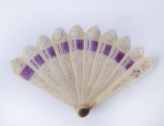 A miniature folding fan, carved whalebone and silk, early 19th century, ​7cm high, 10.5cm wide