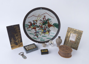 Chinese porcelain charger, Christofle silver plated owl, metal owl, musical compact, crackle glazed miniature vase, Japanese metal plaque, picture frame, miniature boxes, miniature vases and bottle opener, 20th century, (12 items), the charger 34cm diameter