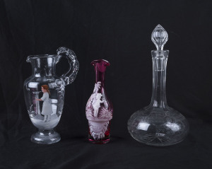 MARY GREGORY clear glass jug and a ruby glass cruet bottle, and an etched glass decanter, 19th century, (3 items), 19cm, 21cm and 24cm high