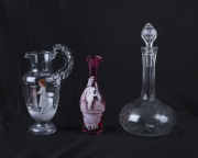 MARY GREGORY clear glass jug and a ruby glass cruet bottle, and an etched glass decanter, 19th century, (3 items), 19cm, 21cm and 24cm high