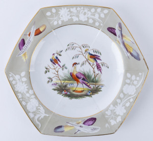 SPODE English porcelain hexagonal envelope plate with hand-painted exotic bird scene and embossed two tone border, circa 1815, hand signed in red "Spode, 2109", 22cm across. PROVENANCE: The Timothy Menzel Collection