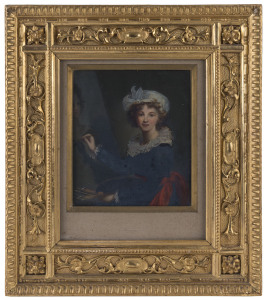 Vigée Le Brun (after), (19th century, French), portrait of a female artist, oil on canvas, fine period gilt frame, (glazed), ​19 x 17cm, frame 41 x 35cm