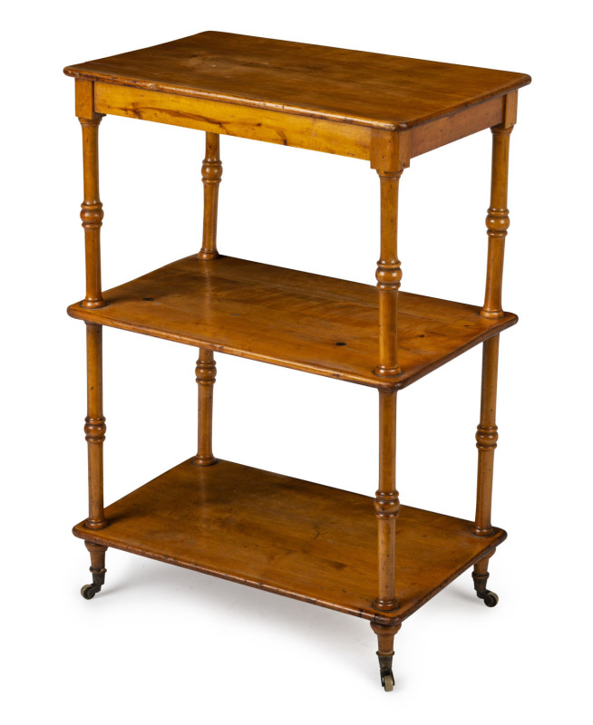 An Biedermeier three tier wot not, satinwood and birch, 19th century, 75cm high, 53cm wide, 33cm deep