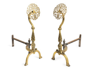 A pair of Georgian andirons, brass and iron, early 19th century, ​67cm high