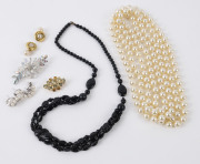 Chanel cufflinks, faux pearl necklace, black bead necklace and two costume brooches, 20th century (5 items)