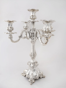 A sterling silver five branch candelabra, early 20th century, stamped "925", 1490 grams.