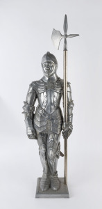 A knight fire tool stand with assorted tools, cast metal, 20th century, 98cm high