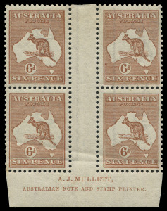 AUSTRALIA: Kangaroos - Third Watermark: 6d Chestnut (Die IIB) Plate 4 (lower position) Mullett imprint (minor gum bends lower units) and Ash (N over A) imprint blocks of 4, fine MLH with lower units of each block MUH, BW:21(4)zb&zd, Cat. $1100+.