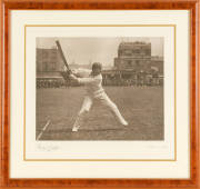 VICTOR TRUMPER: Superb half-tone offset lithographic print of Victor Trumper in full flight, by the photographer George W.Beldam, published by The Swan Electric Engraving Company, London, 1st August 1905, signed at base by Victor Trumper & the photographe