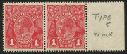 AUSTRALIA: KGV Heads - Single Watermark: 1d Brownish-Red Die III (G112) pair with variety "Break in upper frame at left" [15] on left side unit (small hinge thin), shade identified by Orlo Smith (for then G107), and gives the correct purplish-red u/v reac - 2