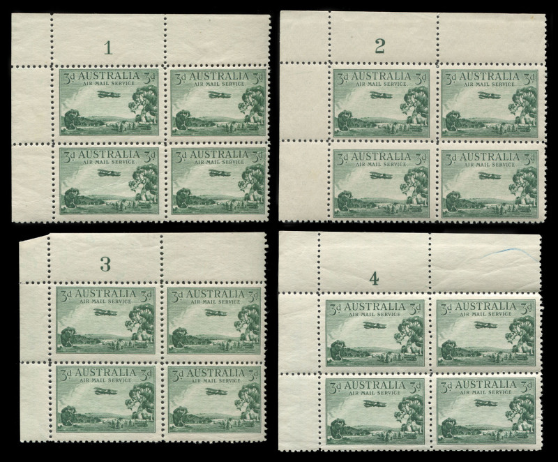 AUSTRALIA: Other Pre-Decimals: 1929 (SG.115) 3d Airmail Sheet Stamps Plate Number corner blocks of 4 comprising Type B Plates 1, 3 & 4 (crayon line in selvedge) and Type A Plate 2, all fresh MUH, BW:134za,zc,zd &135zb - Cat $1300.