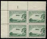 AUSTRALIA: Other Pre-Decimals: 1929 (SG.115) 3d Airmail Sheet Stamps Plate Number corner blocks of 4 comprising Type B Plates 1, 3 & 4 (crayon line in selvedge) and Type A Plate 2, all fresh MUH, BW:134za,zc,zd &135zb - Cat $1300. - 2