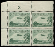 AUSTRALIA: Other Pre-Decimals: 1929 (SG.115) 3d Airmail Sheet Stamps Plate Number corner blocks of 4 comprising Type B Plates 1, 3 & 4 (crayon line in selvedge) and Type A Plate 2, all fresh MUH, BW:134za,zc,zd &135zb - Cat $1300. - 4