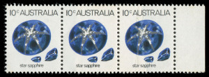 AUSTRALIA: Decimal Issues: 1973-74 (SG.552) 10c Star Sapphire: 2 remarkable horizontal strips of 3, both showing the dramatic effect of printing (the last unit at right) over a paper join. The strips, originally joined, are in 2 states: the first is in original state, MUH and attached, as found. The second strip is Unused and has been carefully separated to show the position of the join. In both cases, this has produced a half-printed stamp. (6).