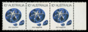 AUSTRALIA: Decimal Issues: 1973-74 (SG.552) 10c Star Sapphire: 2 remarkable horizontal strips of 3, both showing the dramatic effect of printing (the last unit at right) over a paper join. The strips, originally joined, are in 2 states: the first is in or