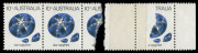 AUSTRALIA: Decimal Issues: 1973-74 (SG.552) 10c Star Sapphire: 2 remarkable horizontal strips of 3, both showing the dramatic effect of printing (the last unit at right) over a paper join. The strips, originally joined, are in 2 states: the first is in or - 3